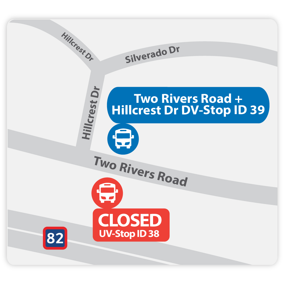 Map of bus stops at Two Rivers Road and Hillcrest Drive. Two Rivers Road and Hillcrest Drive Down Valley Stop ID 39 is open. Two Rivers Road and Hillcrest Drive Up Valley Stop ID 38 is closed. 