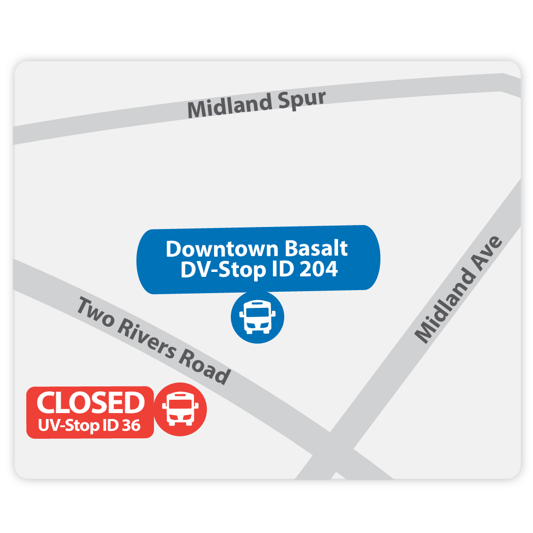 Map of downtown Basalt bus stops at Two Rivers Road and Midland Ave. Downtown Basalt down valley bus stop, stop ID 204, is open. Downtown Basalt up valley bus stop, stop ID 36, is closed. 