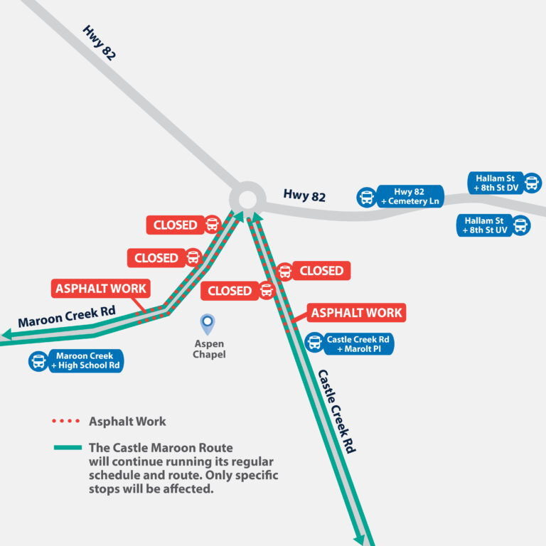 Map of the Castle Maroon Route specifying asphalt work on Maroon Creek Rd and Castle Creek Route. Mentioning: "The Castle Maroon Route will continue running its regular schedule and route. Only specific stops will be affected."