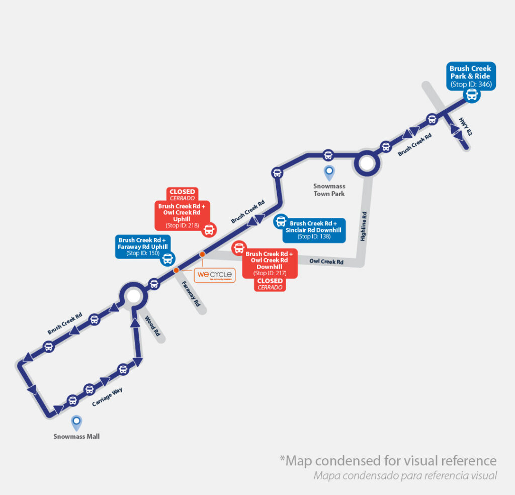 Map of Snowmass Village showing closure of the Owl Creek bus stops on Brush Creek Road from April 13 to mid-November. Riders should use Faraway Road uphill or Sinclair Road downhill stops, each about a quarter mile from Owl Creek. The map highlights Brush Creek Road and the alternate stop locations.