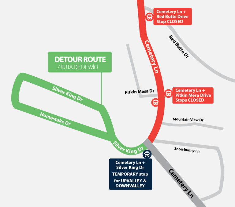 Map of the temporary detour route and stop closures for Cemetery Lane shuttle service in Aspen