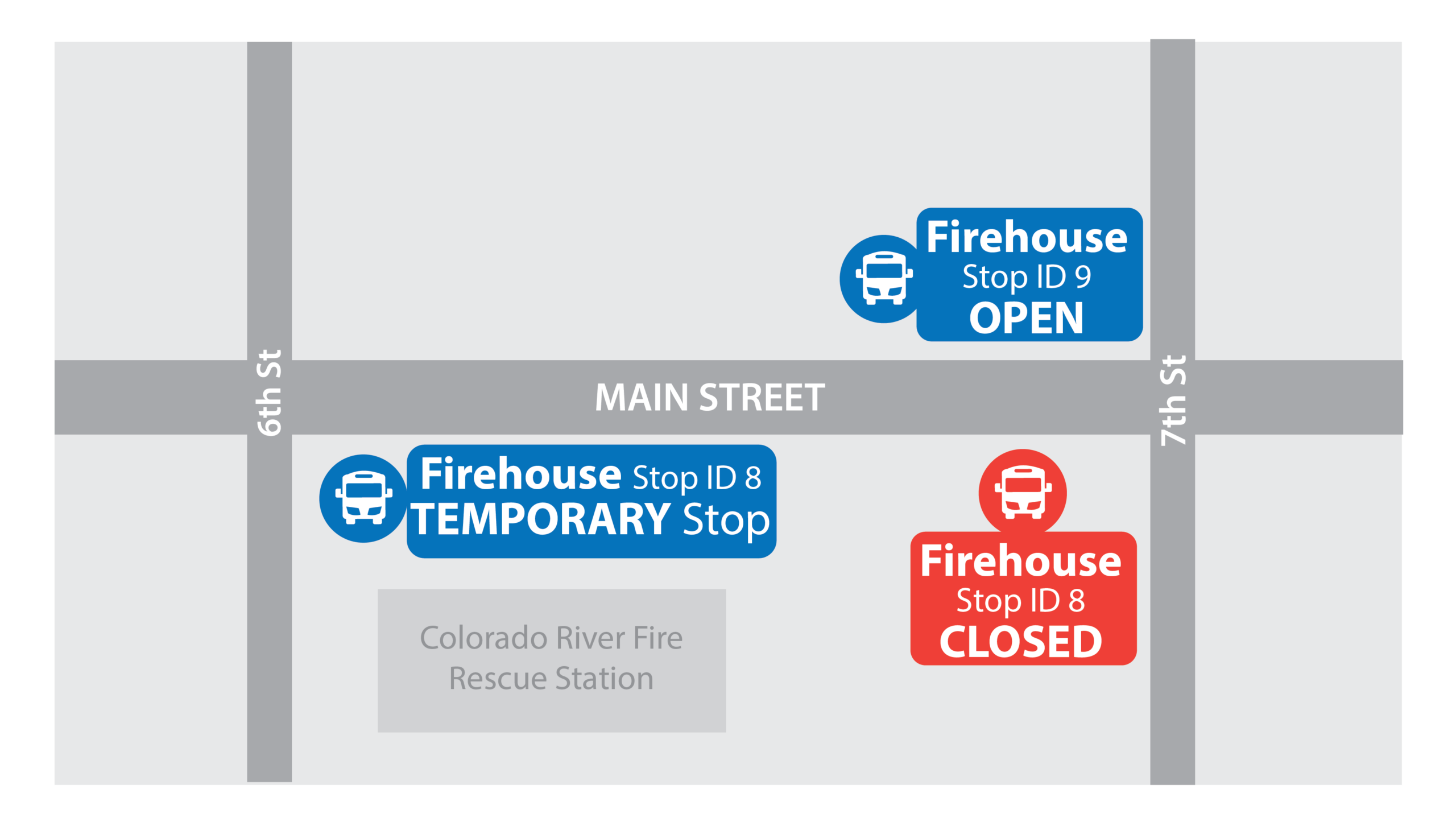 Simple map showing 6th street and 7th street perpendicular to Main Street. Firehouse bus stop 8 location near 7th is closed and relocated near 6th street. Firehouse bus stop, stop ID 9, is still open and available to access.
