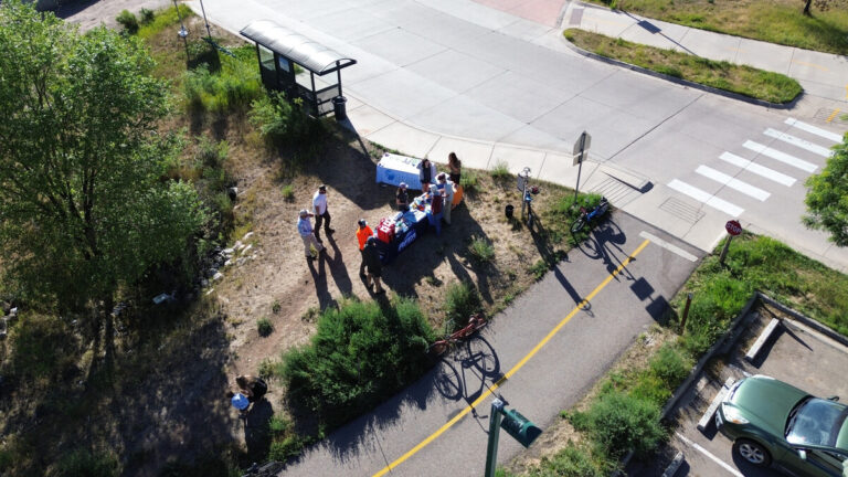 bike to work day aerial shot of people gathering on the rio grande trail in Carbondale, co